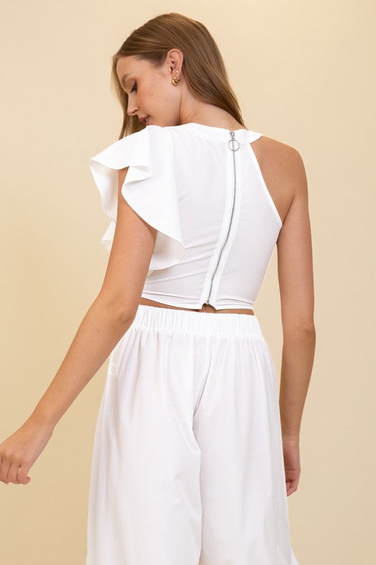 Cut Out Ruffled Sleeve White Top