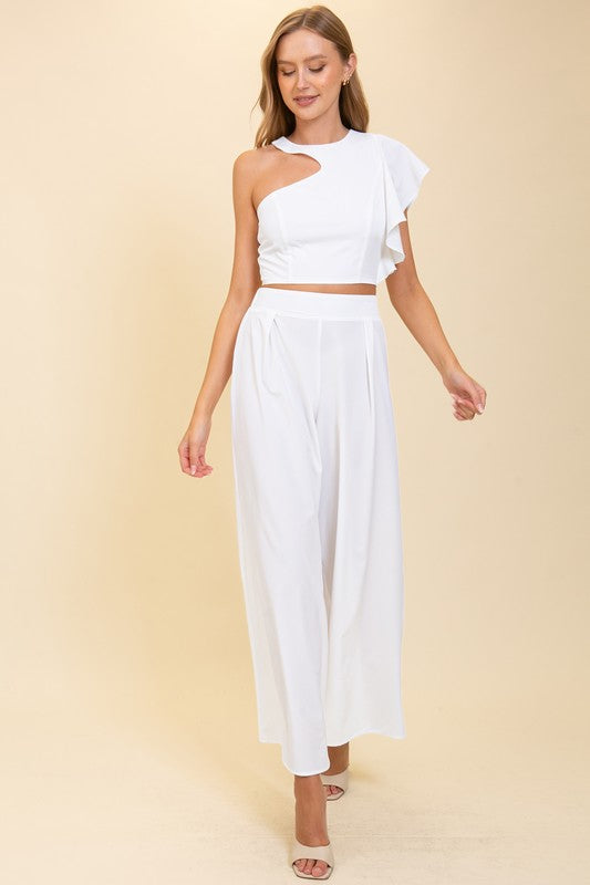Cut Out Ruffled Sleeve White Top
