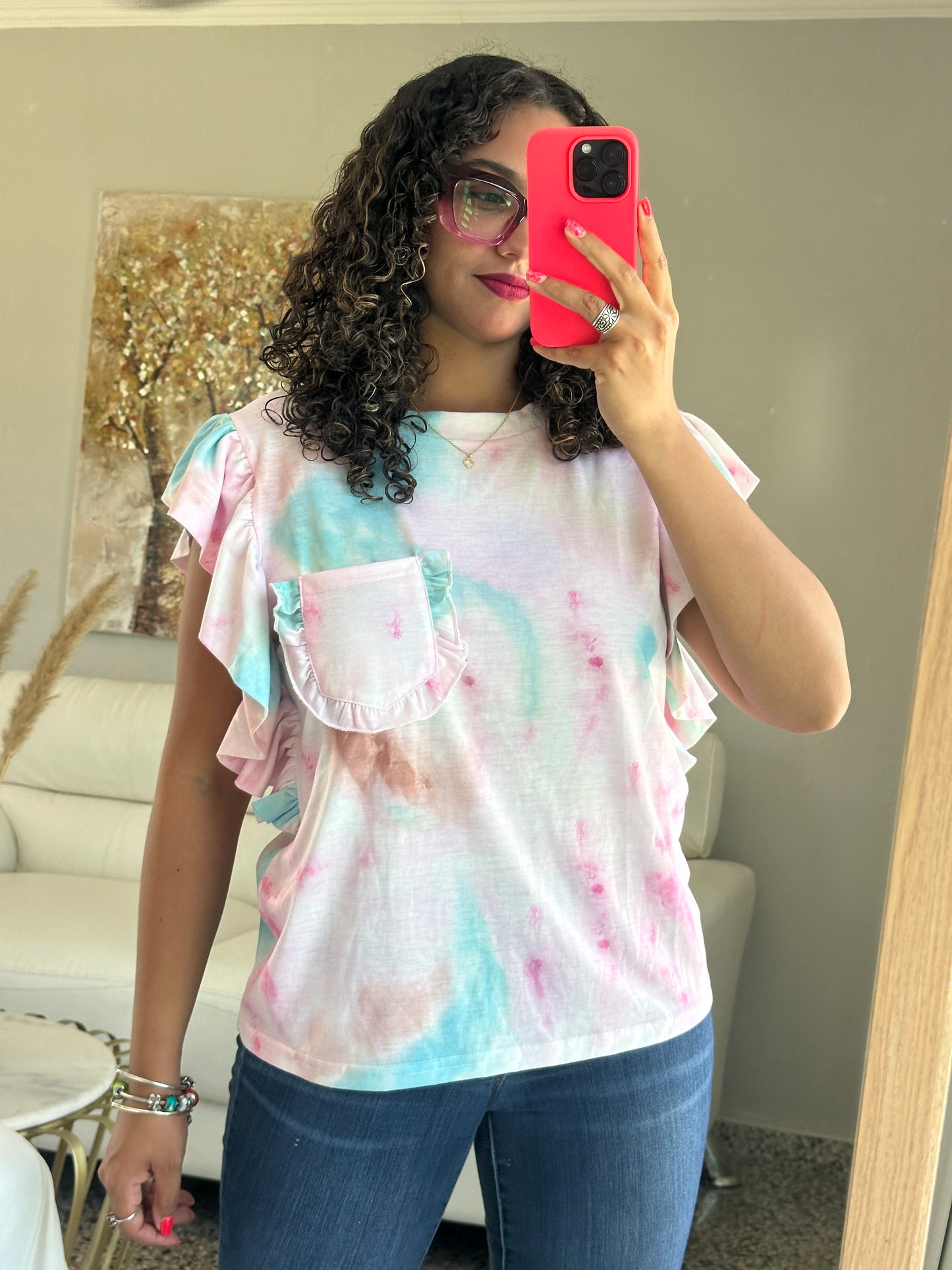 Tie Dye Ruffle Blouse