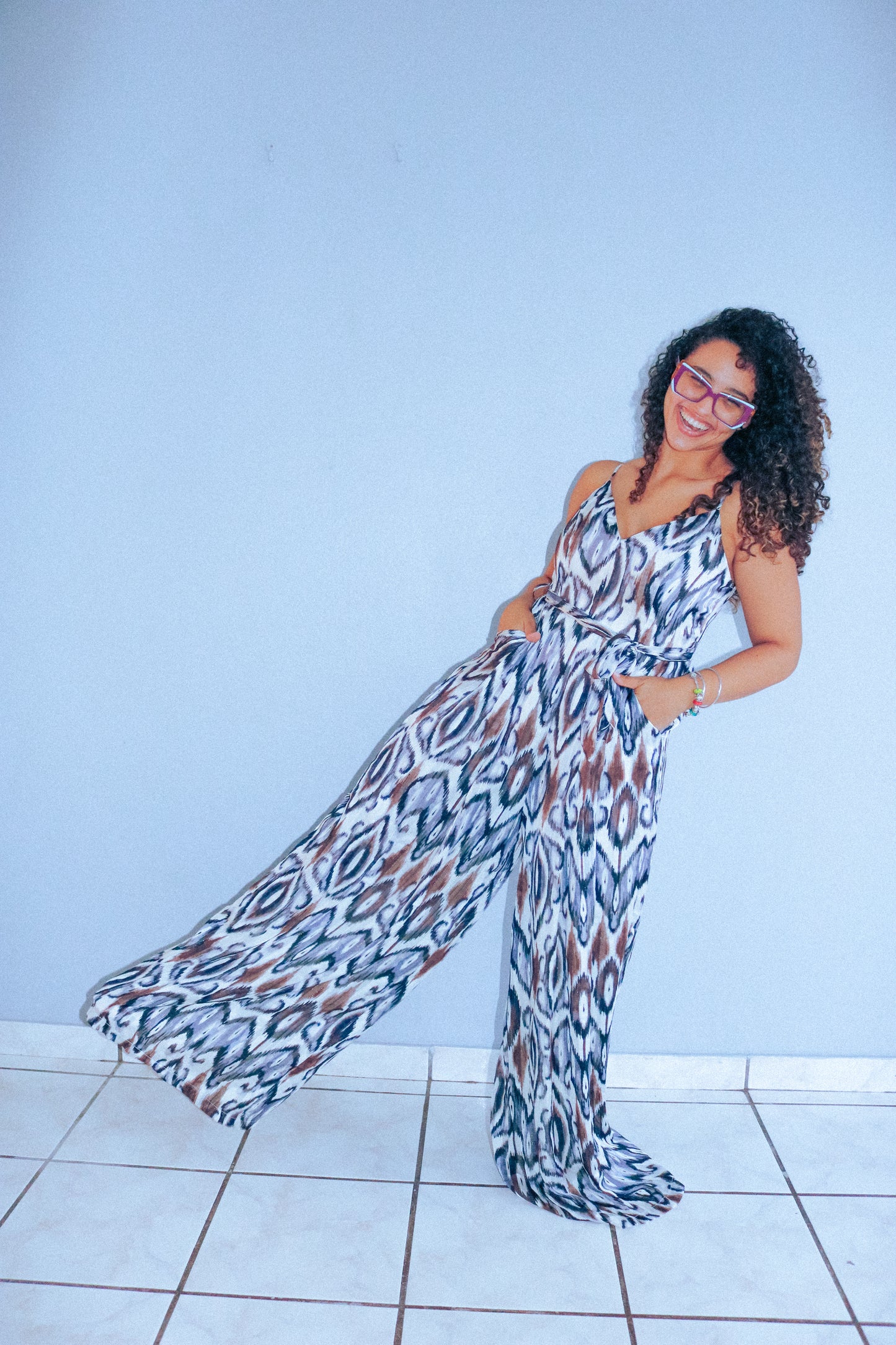V Neck Printed Jumpsuit