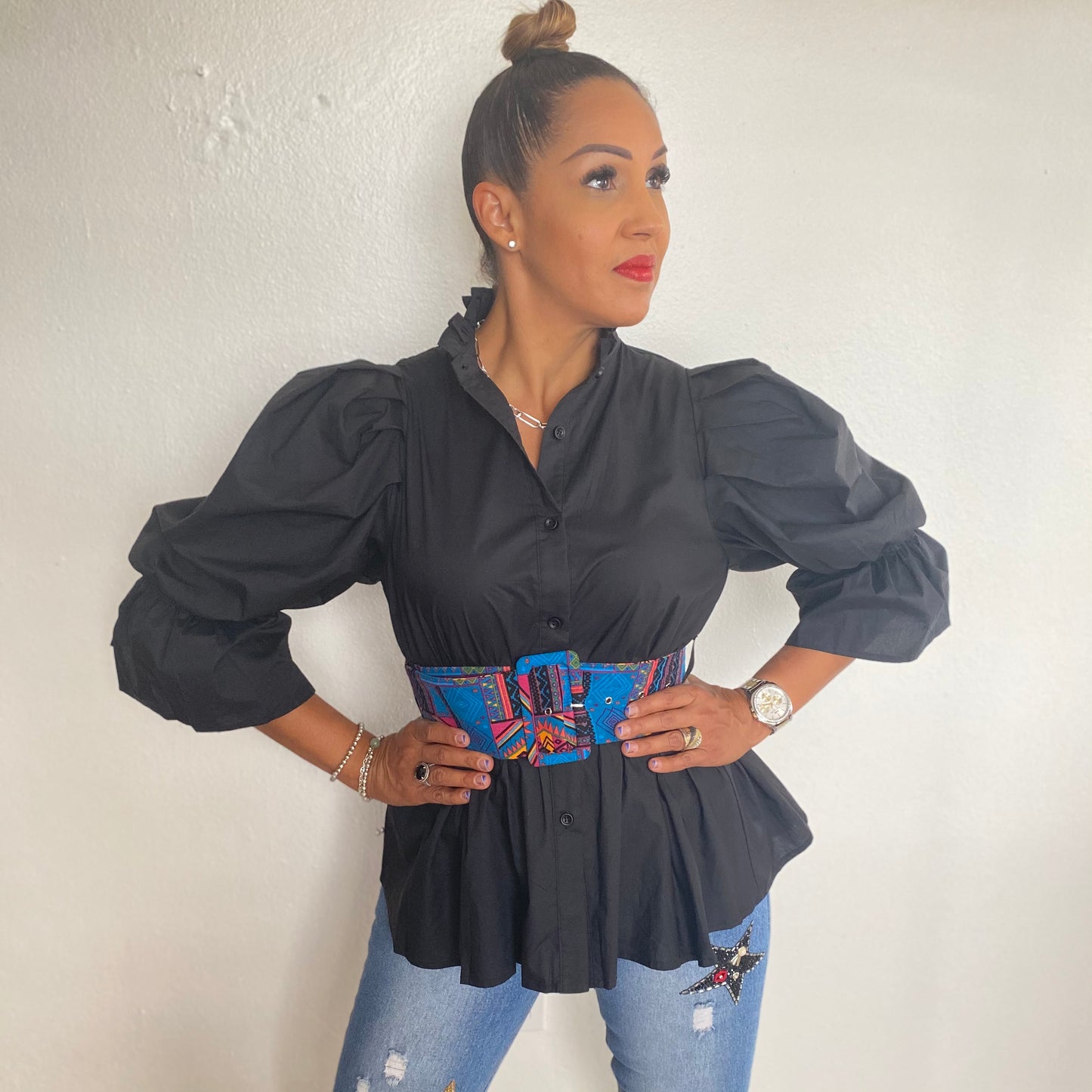 Belted Black Puff sleeve button down blouse