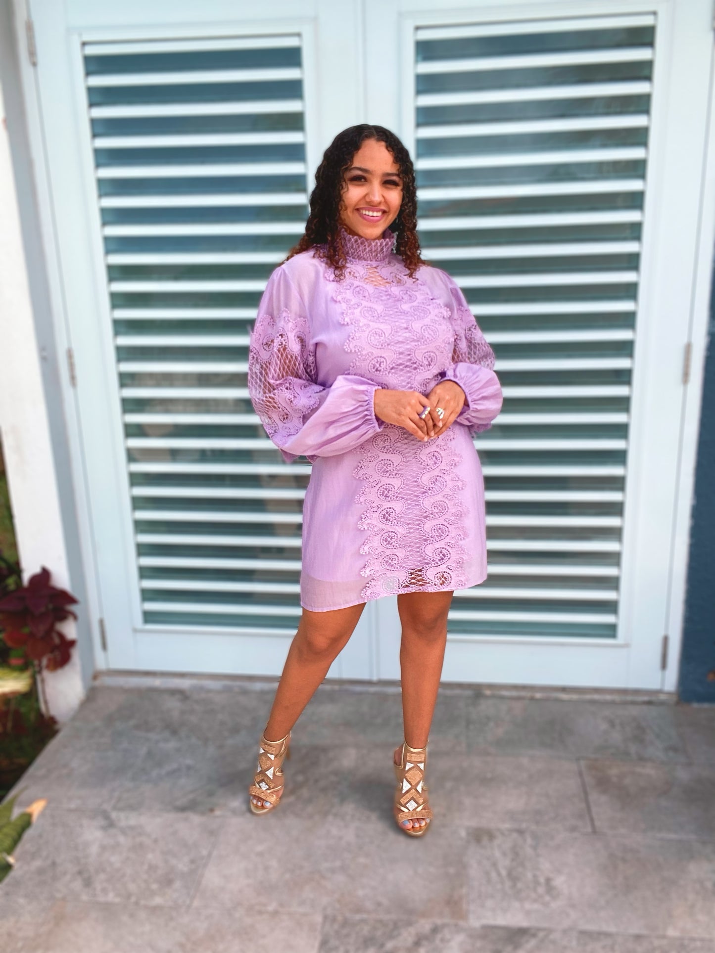 Lace Puffed Sleeves Lilac Dress