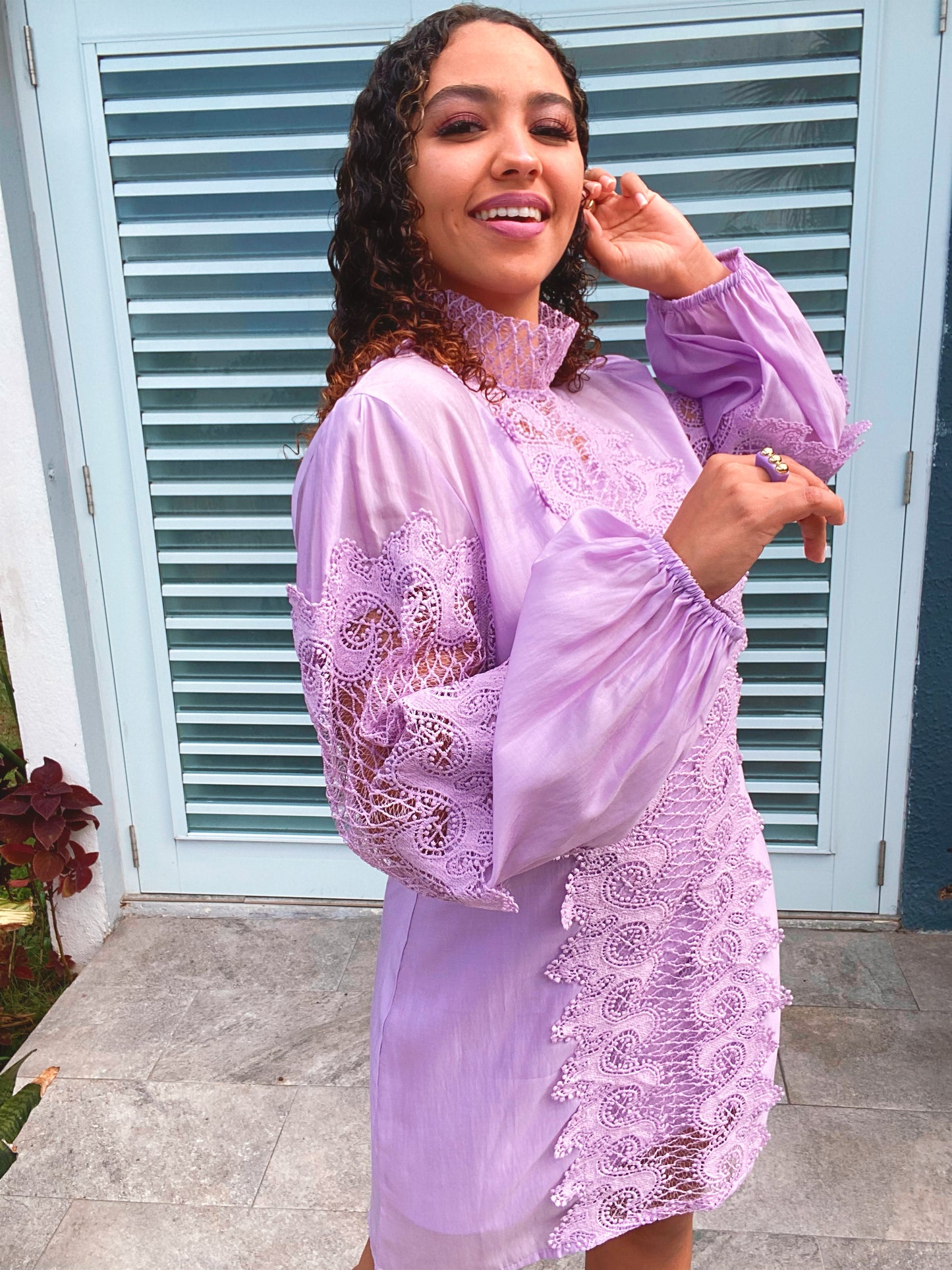 Lace Puffed Sleeves Lilac Dress