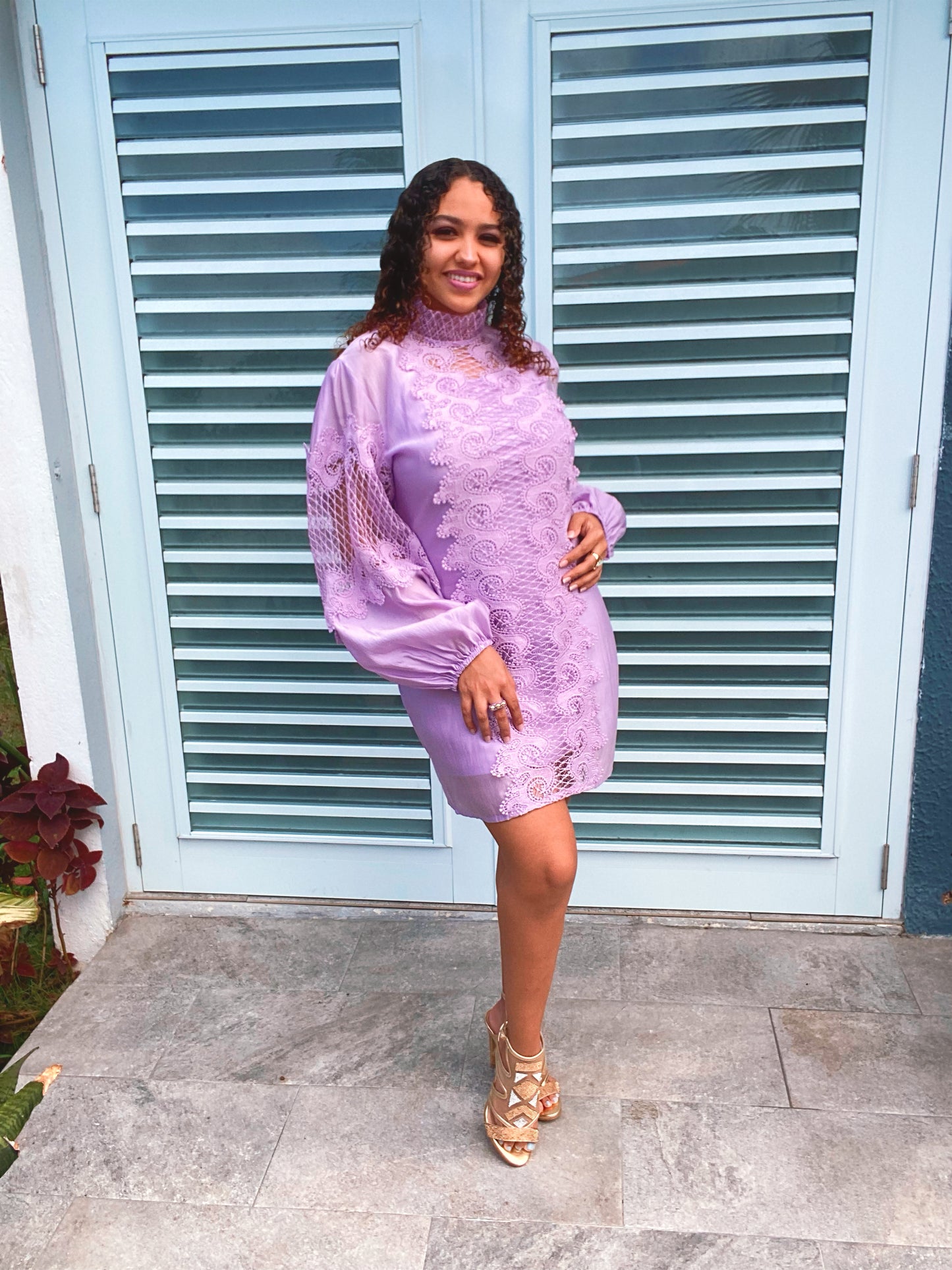 Lace Puffed Sleeves Lilac Dress