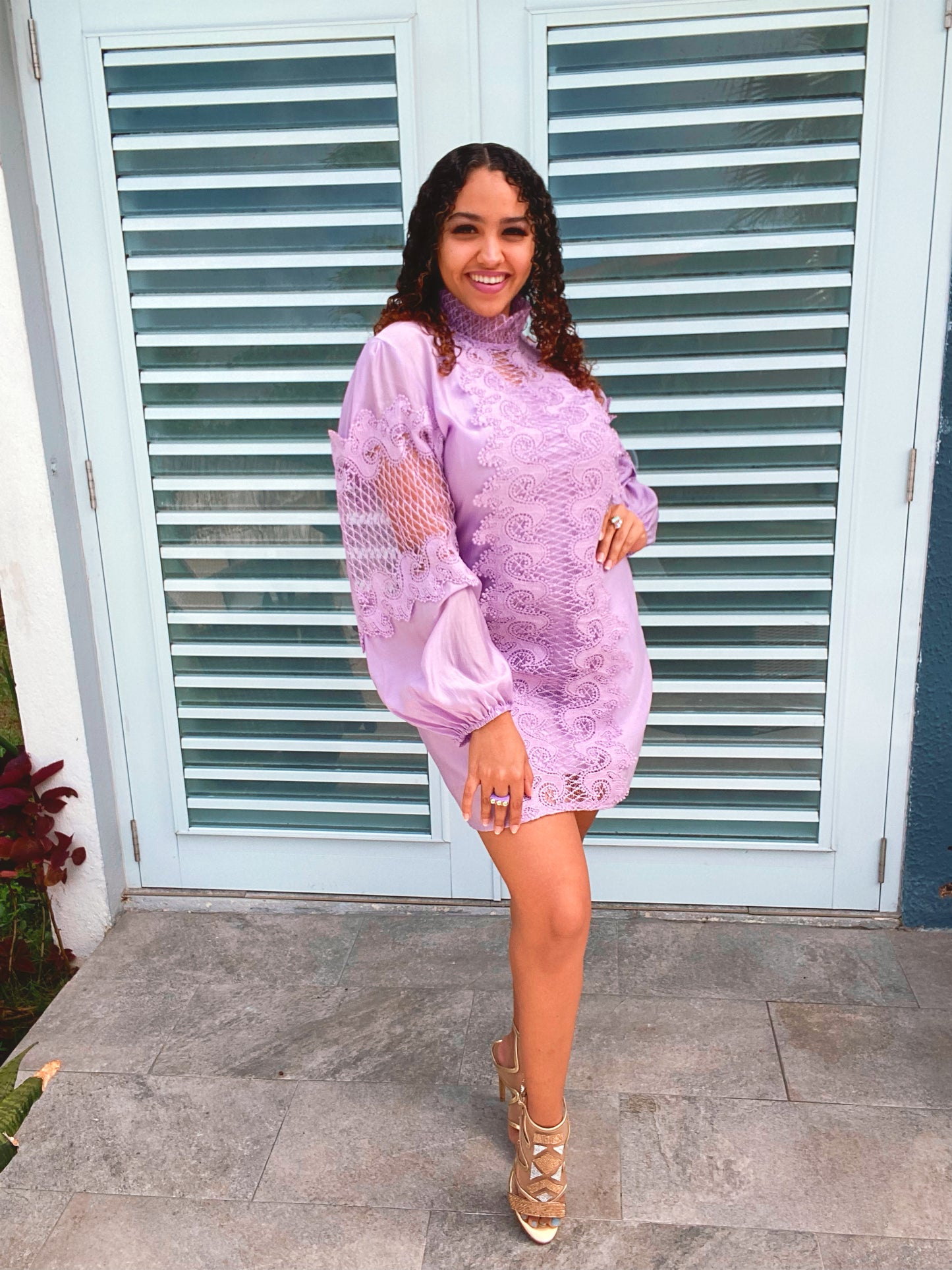 Lace Puffed Sleeves Lilac Dress