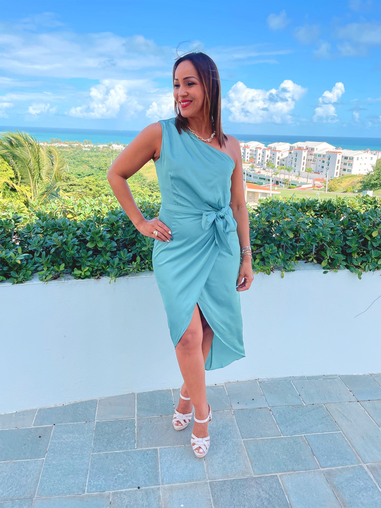 Silky One Shoulder Sage Dress