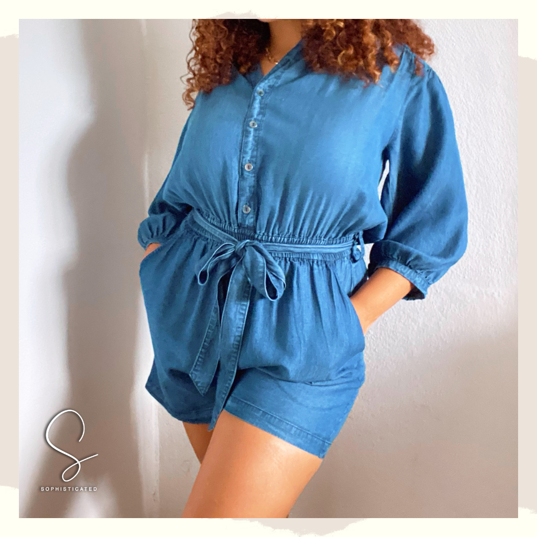 Denim long sleeve romper