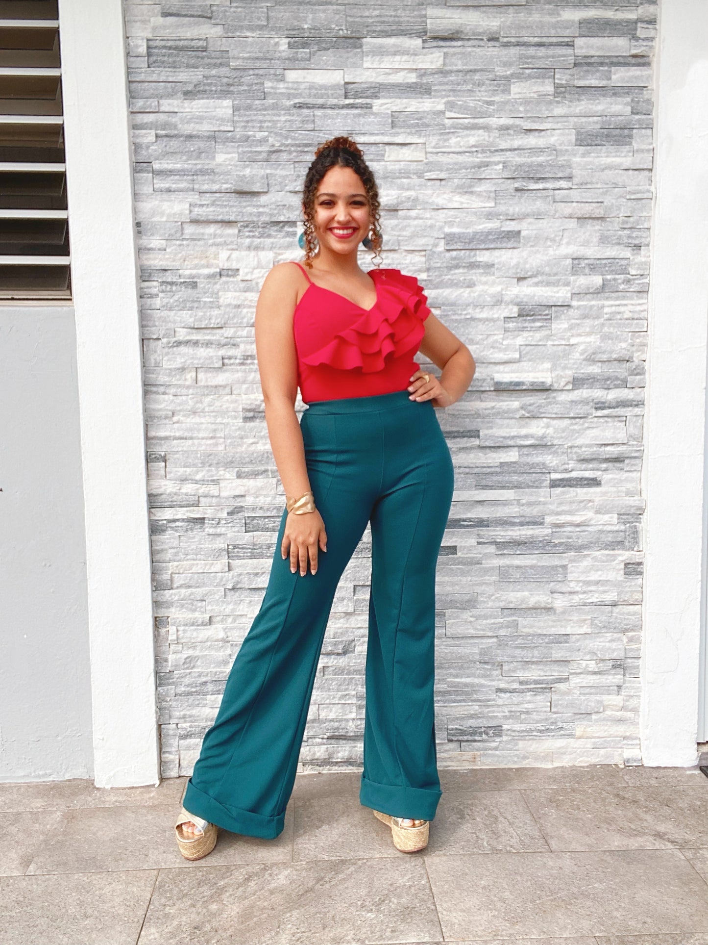 High Rise Wide Leg Teal Pants