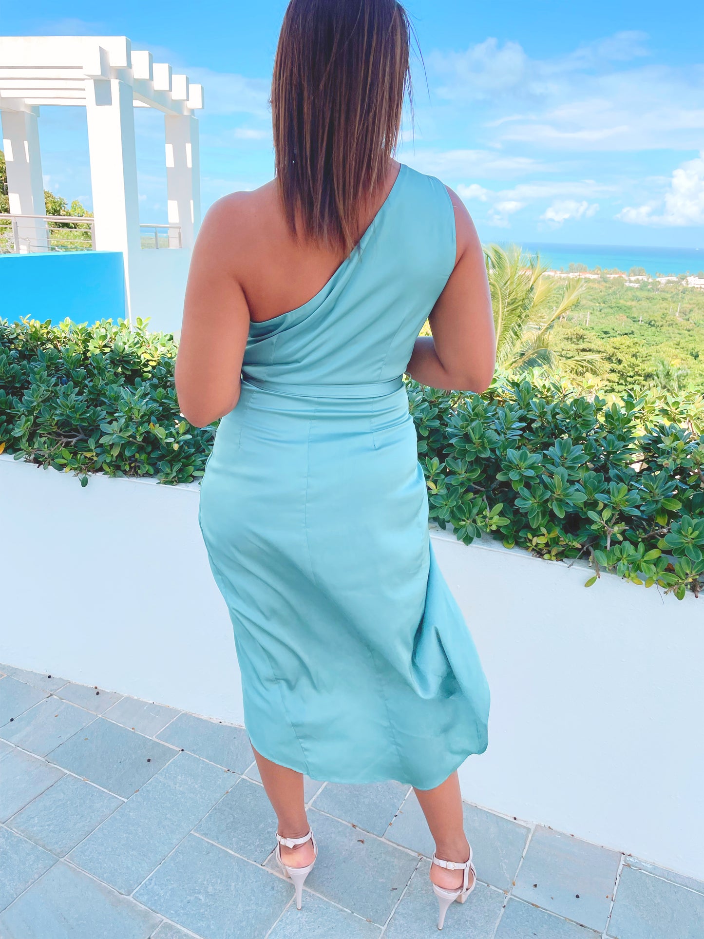 Silky One Shoulder Sage Dress