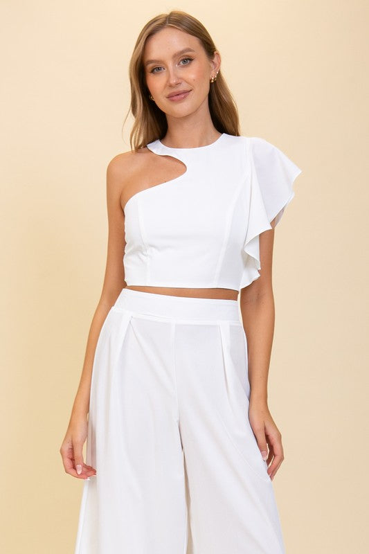 Cut Out Ruffled Sleeve White Top