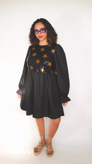 Star Sequin Round Neck Flounce Sleeve Mini Dress