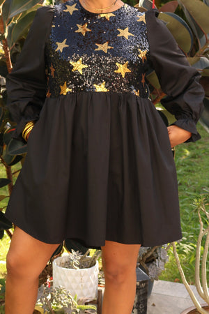 Star Sequin Round Neck Flounce Sleeve Mini Dress