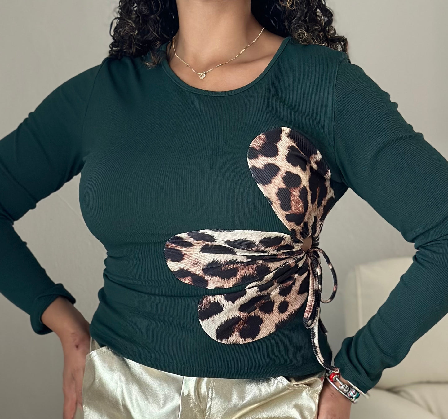 Long Sleeve Animal Print Cut Out Shirt