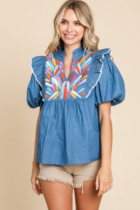 Embroidered Denim Baby Doll Top