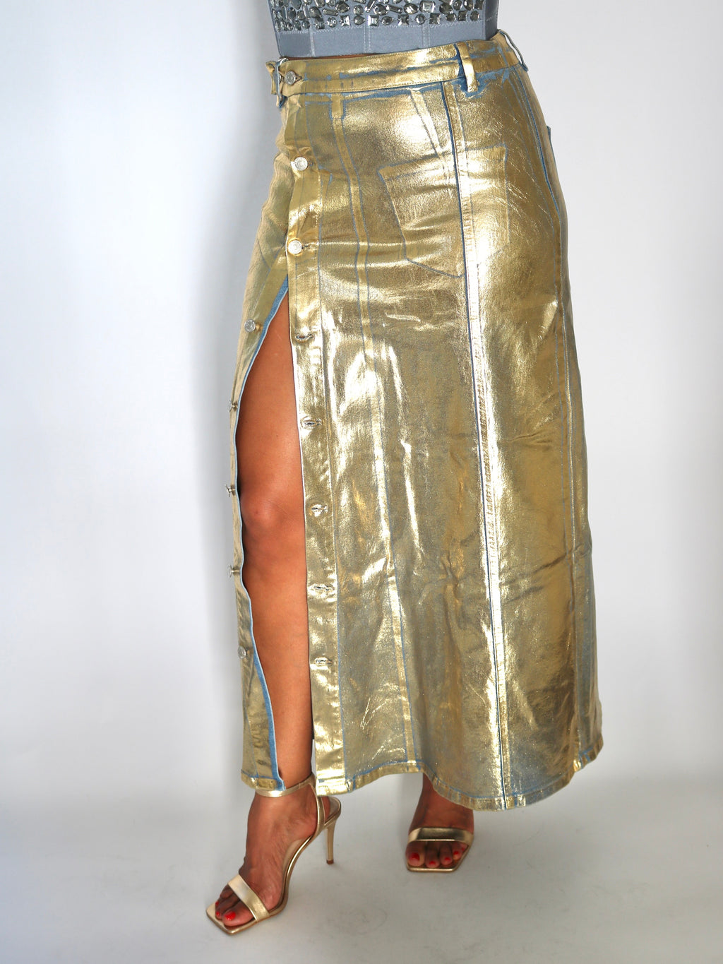 Gold Foil Denim Skirt