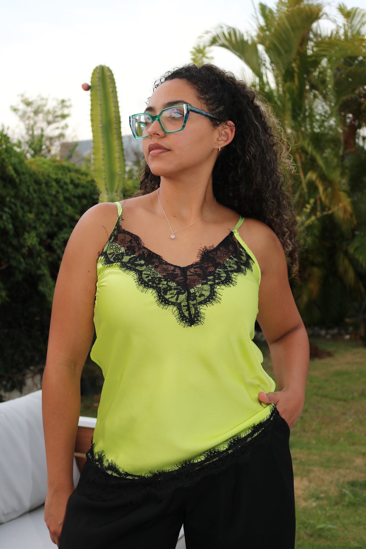 V Neck Satin Lace Trim Top
