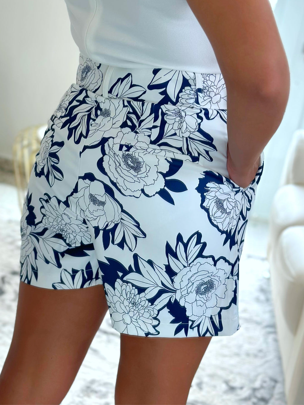 White and Navy Flower Shorts