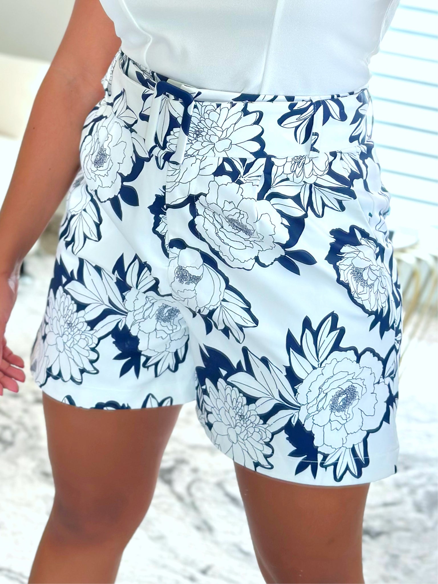 White and Navy Flower Shorts