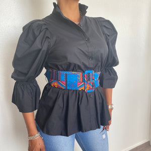 Belted Black Puff sleeve button down blouse
