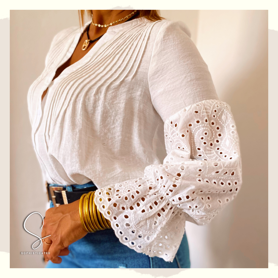 Eyelet sleeve button up shirt