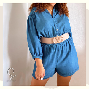 Denim long sleeve romper